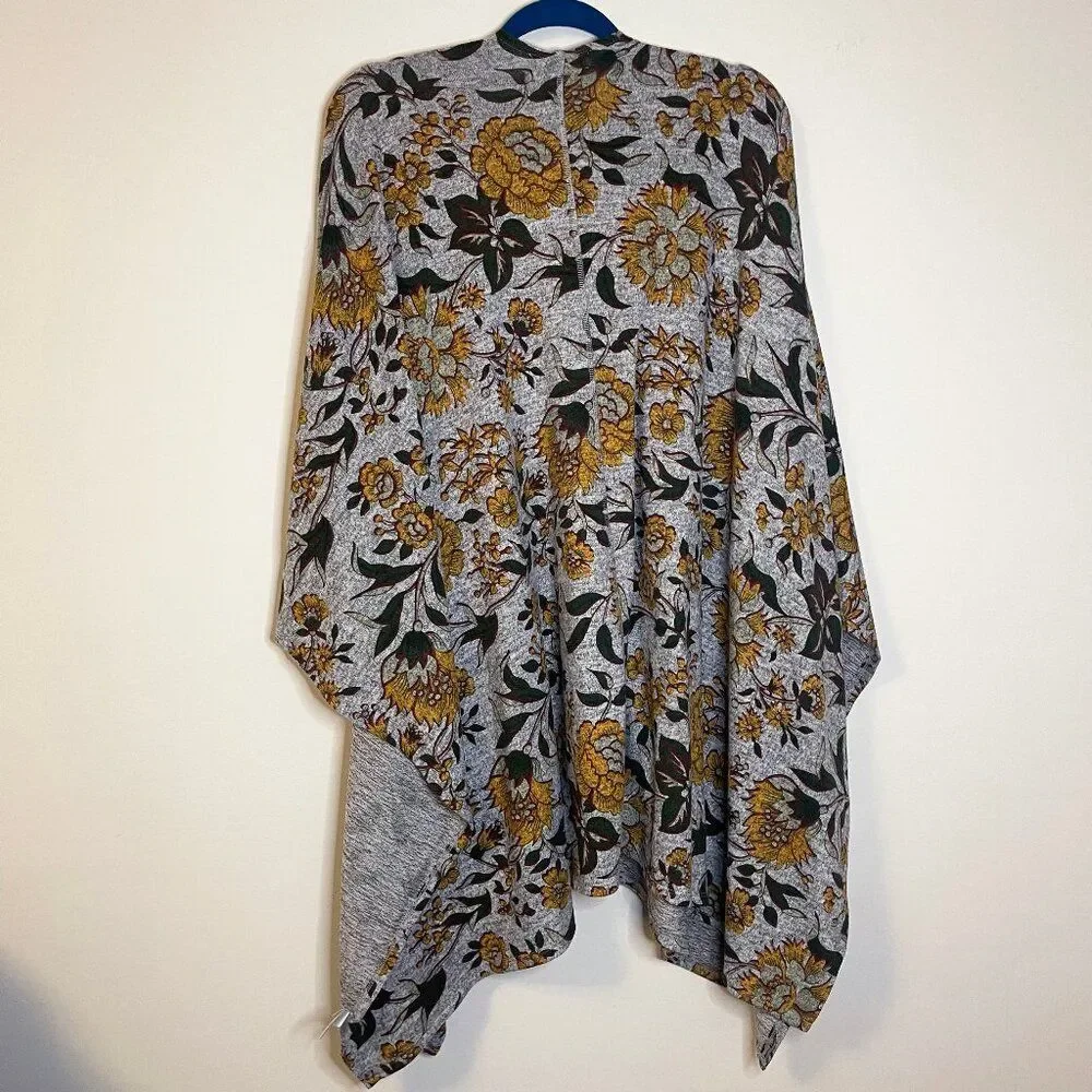 Song & Spirit Women’s Grey Yellow Green Floral Open Front Flowy Cape - One Size